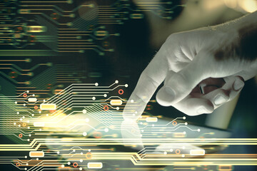 Poster - Double exposure of man's hand holding and using a digital device and data theme hologram drawing. Technology concept.
