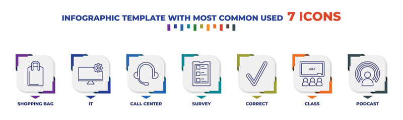 Poster - infographic template with outline icons. thin line icons such as shopping bag, it, call center, survey, correct, class, podcast editable vector. can be used for web, mobile, info graph.