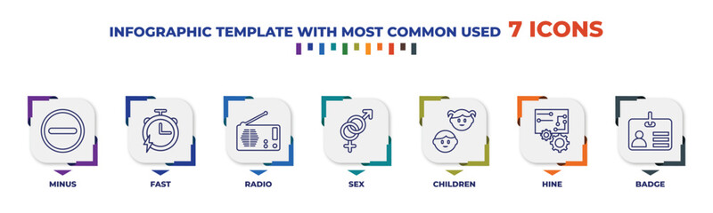 Poster - infographic template with outline icons. thin line icons such as minus, fast, radio, sex, children, hine, badge editable vector. can be used for web, mobile, info graph.