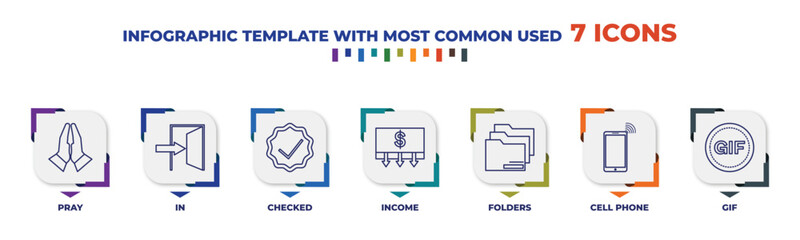 Poster - infographic template with outline icons. thin line icons such as pray, in, checked, income, folders, cell phone, gif editable vector. can be used for web, mobile, info graph.