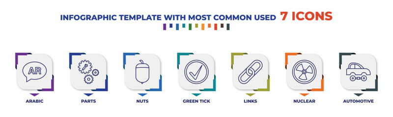 infographic template with outline icons. thin line icons such as arabic, parts, nuts, green tick, links, nuclear, automotive editable vector. can be used for web, mobile, info graph.