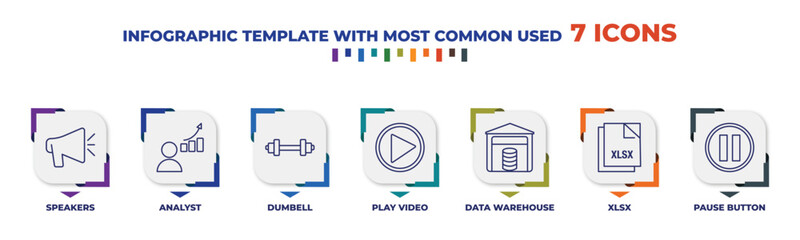 Poster - infographic template with outline icons. thin line icons such as speakers, analyst, dumbell, play video, data warehouse, xlsx, pause button editable vector. can be used for web, mobile, info graph.