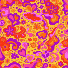 Abstract psychedelic surface pattern design for textile , stationery, wrapping paper. Colorful retro seamless pattern with hand drawn groovy elements and flowers. Vintage 60s hippie vector background