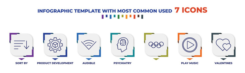 Poster - infographic template with outline icons. thin line icons such as sort by, product development, audible, psychiatry, , play music, valentines editable vector. can be used for web, mobile, info
