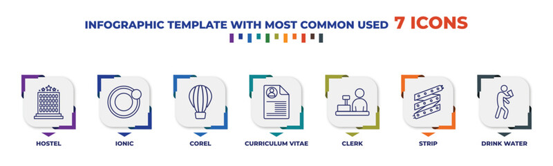 Poster - infographic template with outline icons. thin line icons such as hostel, ionic, corel, curriculum vi