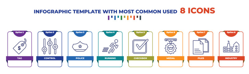 Poster - infographic template with outline icons. thin line icons such as tag, control, police, running, checkbox, medal, files, industry editable vector. can be used for web, mobile, info graph.