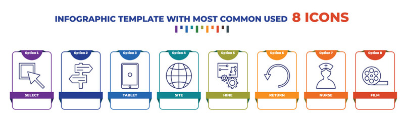 Poster - infographic template with outline icons. thin line icons such as select, , tablet, site, hine, return, nurse, film editable vector. can be used for web, mobile, info graph.