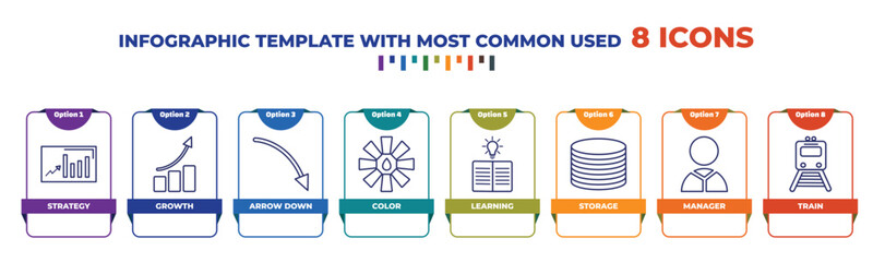 Poster - infographic template with outline icons. thin line icons such as strategy, growth, arrow down, color, learning, storage, manager, train editable vector. can be used for web, mobile, info graph.