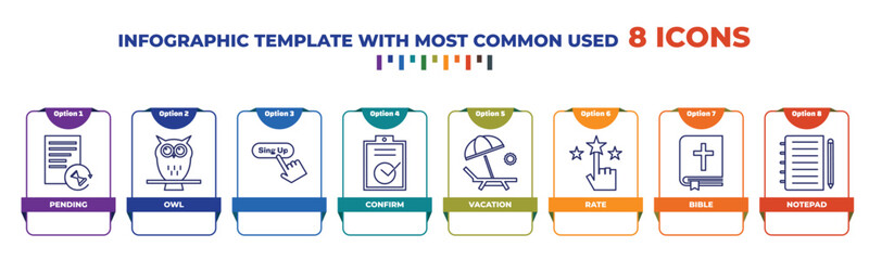 Poster - infographic template with outline icons. thin line icons such as pending, owl, , confirm, vacation, rate, bible, notepad editable vector. can be used for web, mobile, info graph.