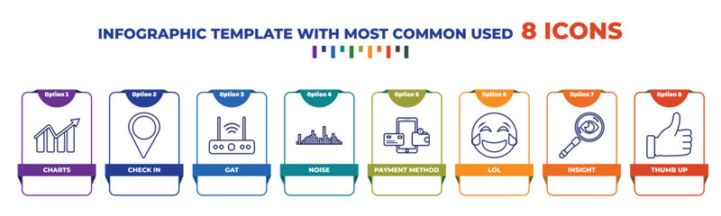 infographic template with outline icons. thin line icons such as charts, check in, gat, noise, payment method, lol, insight, thumb up editable vector. can be used for web, mobile, info graph.