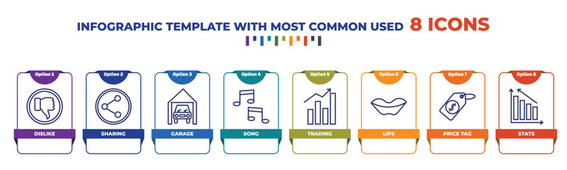 Poster - infographic template with outline icons. thin line icons such as dislike, sharing, garage, song, tra