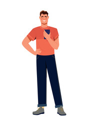 Poster - Man with smartphone. Young guy reads news on phone screen and smiles. Modern technologies and digital world. Addiction to gadgets, devices and social networks. Cartoon flat vector illustration