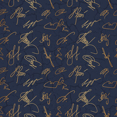 Poster - Marble seamless pattern. Repeated autograph background. Gold scrawl signature design for prints. Repeating andwritten patern. Mark printing. Repeat blue printed. Written wallpaper. Vector illustration