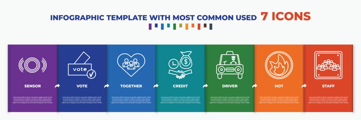 infographic template with outline icons. thin line icons such as sensor, vote, together, credit, driver, hot, staff editable vector. can be used for web, mobile, info graph.