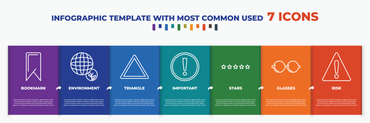 Poster - infographic template with outline icons. thin line icons such as bookmark, environment, triangle, important, stars, glasses, risk editable vector. can be used for web, mobile, info graph.