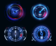 Set Of Isolated Speedometers For Dashboard. Technology Gauge With Arrow Or Pointer For Vehicle Panel, Web Download Speed Sign. Analog Device For Measuring Speed And Futuristic Speedometer