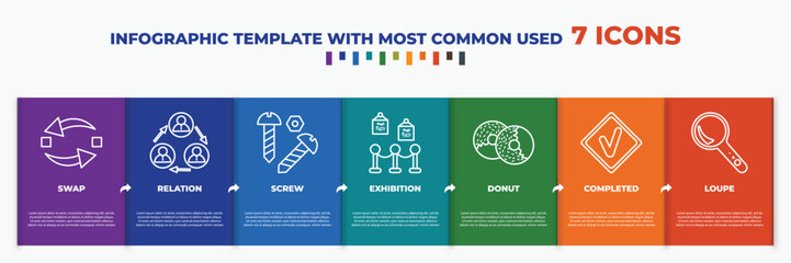 Poster - infographic template with outline icons. thin line icons such as swap, relation, screw, exhibition, donut, completed, loupe editable vector. can be used for web, mobile, info graph.