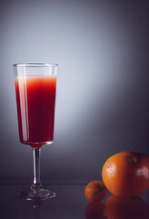 Wall Mural - Glass of fresh squizzed juice standing on the table with ripe fruits, oranges