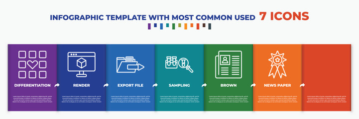 Poster - infographic template with outline icons. thin line icons such as differentiation, render, export file, sampling, brown, news paper, best quality editable vector. can be used for web, mobile, info