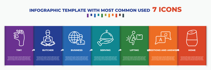 Poster - infographic template with outline icons. thin line icons such as tiny, butcher, business, serving, lifting, questions and answers, home editable vector. can be used for web, mobile, info graph.