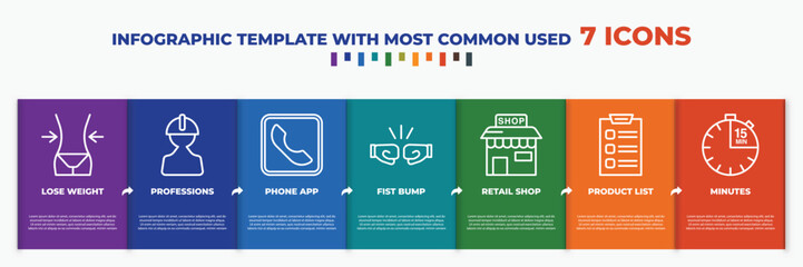 Poster - infographic template with outline icons. thin line icons such as lose weight, professions, phone app, fist bump, retail shop, product list, minutes editable vector. can be used for web, mobile, info