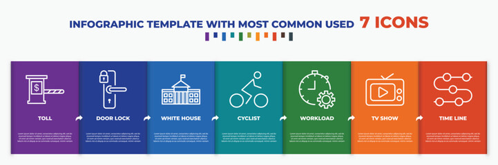 Wall Mural - infographic template with outline icons. thin line icons such as toll, door lock, white house, cyclist, workload, tv show, time line editable vector. can be used for web, mobile, info graph.