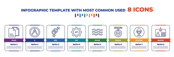 Sticker - infographic template with outline icons. thin line icons such as files, a, sex, api, wave, medal, record, badge editable vector. can be used for web, mobile, info graph.