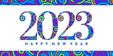 Sticker - Happy new year 2023. 2023 Logo text. Greeting card design with colorful shapes. Vector illustration