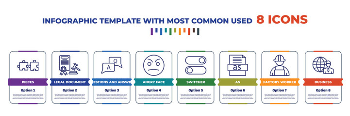 Poster - infographic template with outline icons. thin line icons such as pieces, legal document, questions and answers, angry face, switcher, as, factory worker, business editable vector. can be used for