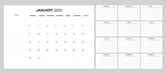 Wall Mural - simple and minimalist calendar 2023 start on monday