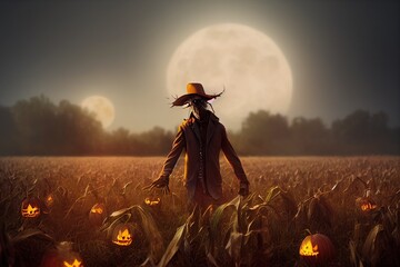 This is a 3D illustration of a scarecrow coming to life on halloween.