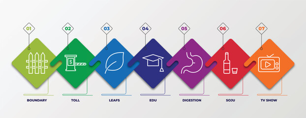 infographic template with outline icons. thin line icons such as boundary, toll, leafs, edu, digestion, soju, tv show editable vector. can be used for web, mobile, info graph.