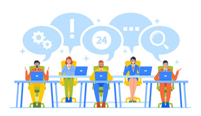 Wall Mural - hotline operators help clients to solve their problems. smiling friendly male and female call center