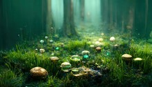 Fairytale Magic Forest With Beautiful Green Grass And Mushrooms, Fantasy Forest With Tall Trees And Beautiful Lighting.