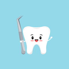 Wall Mural - Cute tooth with dental cototn pliers tool icon isolated on blue background.