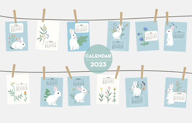 Wall Mural - Cute seasonal holiday calendar 2023 with rabbit special festival