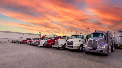 Lined up Semi trucks on a parking lot at logistics warehouse with orange sunset sky.