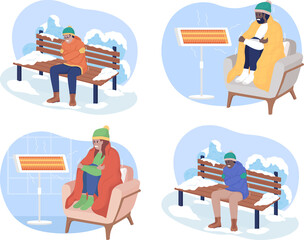 Poster - Freezing in cold weather 2D raster isolated illustration set. Unwell people outdoor and at home flat characters on cartoon background. Warming up in seasonal climate colourful scene collection