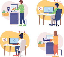 Poster - Common daily situations 2D raster isolated illustration set. No wifi signal on computer. Man and woman doing chores flat characters on cartoon background. Everyday activity colourful scene collection