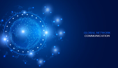 Poster - Global network low poly design communication. Technology social media wireframe icon connection. Blue cyber space with earth vector background.