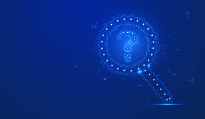 Leinwandbilder - Abstract magnifying glass symbol low poly design with question mark analysis tool concept. Blue research magnifier wireframe vector.