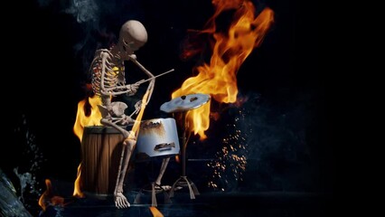 Wall Mural - Burning skeleton plays drums. Slow motion fire flames and sparks on black background.