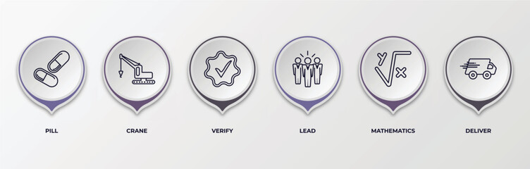 Poster - infographic template with outline icons. thin line icons such as pill, crane, verify, lead, mathematics, deliver editable vector. can be used for web, mobile, info graph.
