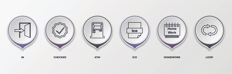 infographic template with outline icons. thin line icons such as in, checked, atm, ico, homework, loop editable vector. can be used for web, mobile, info graph.
