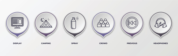 Poster - infographic template with outline icons. thin line icons such as display, camping, spray, crowd, previous, headphones editable vector. can be used for web, mobile, info graph.