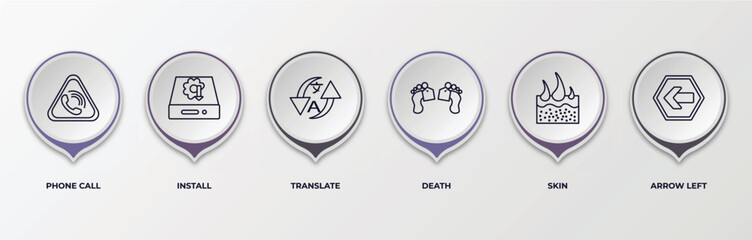 Poster - infographic template with outline icons. thin line icons such as phone call, install, translate, death, skin, arrow left editable vector. can be used for web, mobile, info graph.
