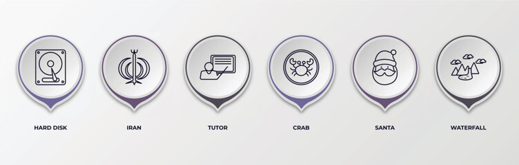 infographic template with outline icons. thin line icons such as hard disk, iran, tutor, crab, santa, waterfall editable vector. can be used for web, mobile, info graph.