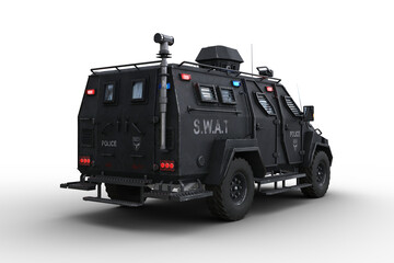 Poster - Rear corner view 3D rendering of an armoured police SWAT vehicle isolated on transparent background.