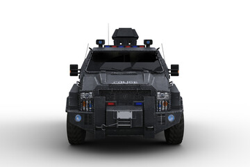 Poster - Front view 3D rendering of an armoured police SWAT vehicle isolated on transparent background.