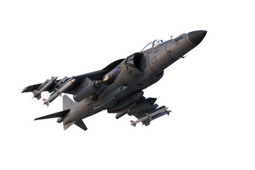 Poster - 3D illustration of a grey military jet fighter aircraft armed with missiles in flight isolated on a transparent background.